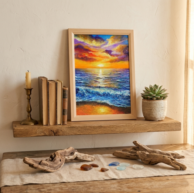 油絵 原画【明日への約束 〜凪の調べ〜】海 夕日 風景画 A4 額縁付