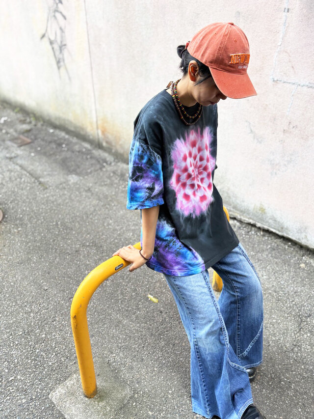 タイダイ ビッグシルエット Tシャツ Lサイズ 曼荼羅 ブラック Hippies