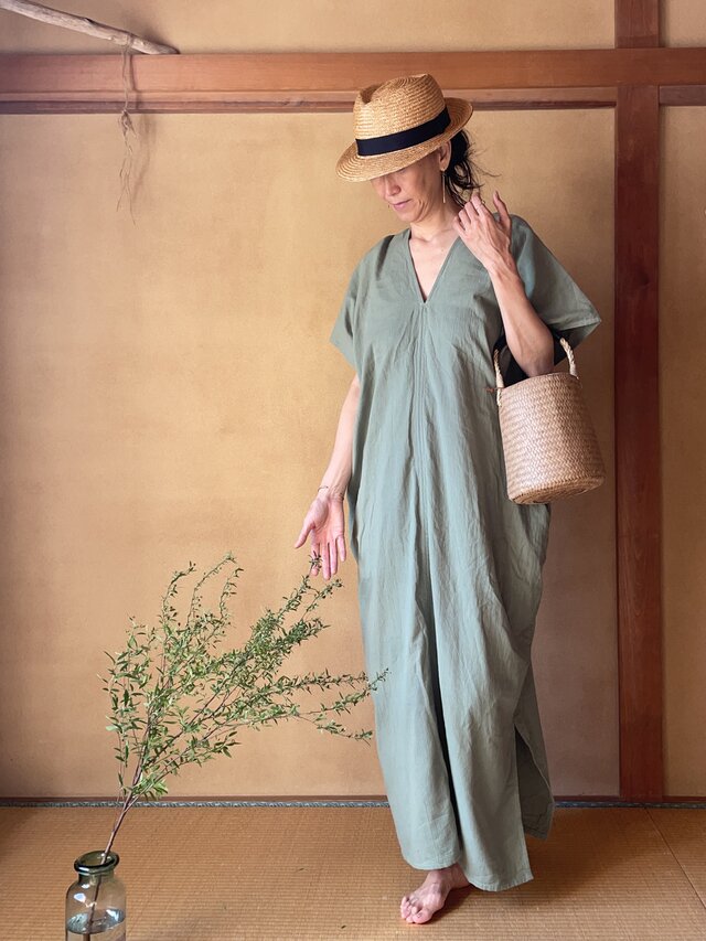 Extra Soft Cotton Tao Kaftan in Matcha / カフタンワンピース