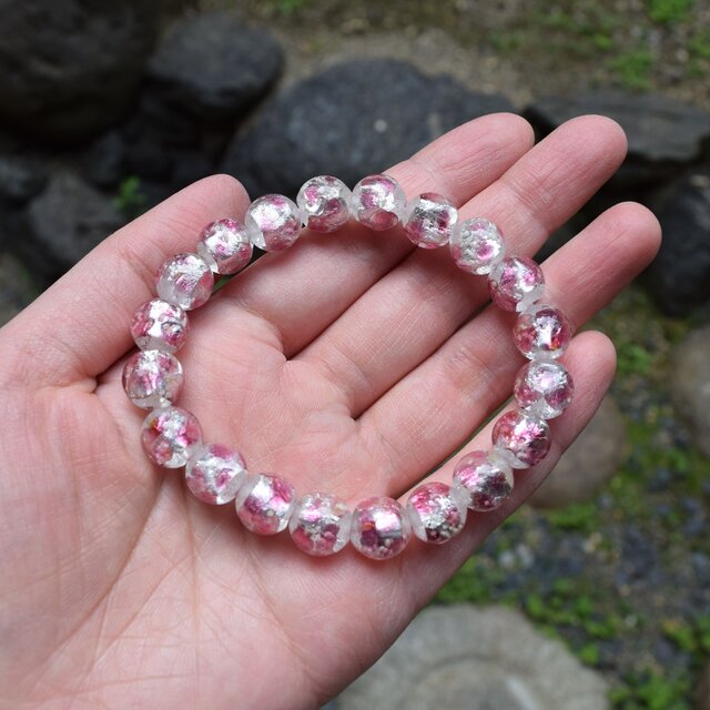ピンク 蓄光 琉球蛍石 とんぼガラス 10mm 腕輪 ブレスレット 数珠