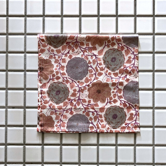 インド ブロックプリント バンダナ ハンカチ52cm ラナンキュラス