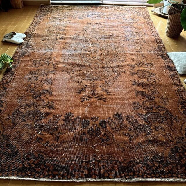 162.5×265ダークオレンジ　オーバーダイメダリオン　トルコヴィンテージラグ 超大判162.5×265ダークオレンジ オーバーダイメダリオン トルコ