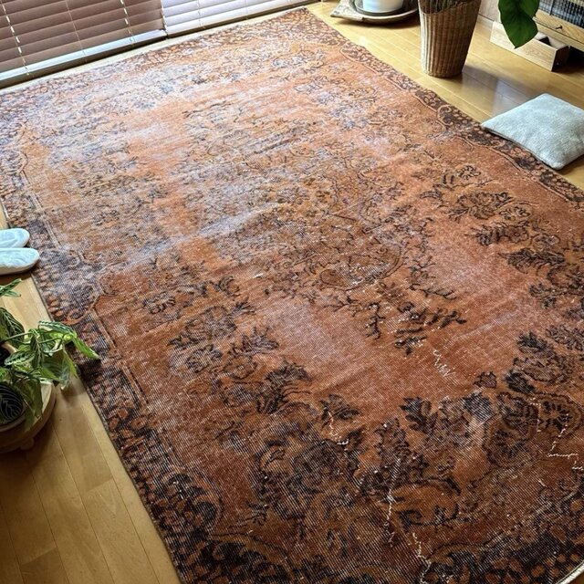 162.5×265ダークオレンジ　オーバーダイメダリオン　トルコヴィンテージラグ 超大判162.5×265ダークオレンジ オーバーダイメダリオン トルコ