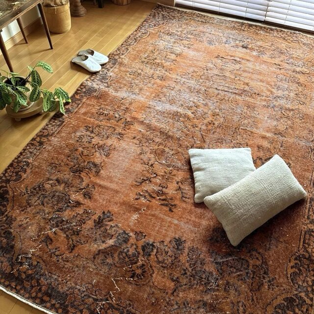 162.5×265ダークオレンジ　オーバーダイメダリオン　トルコヴィンテージラグ 超大判162.5×265ダークオレンジ オーバーダイメダリオン トルコ