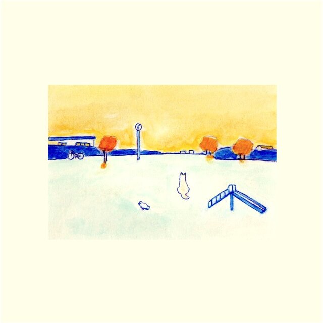 原画「夕焼け空」 ※木製額縁入り（インチサイズ）水彩・犬の絵