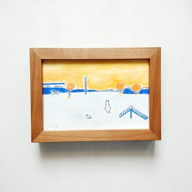 受注制作【原画・水彩画】 「夕焼け空」※木製額縁入り（2Lサイズ）犬