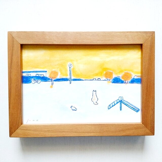 受注制作【原画・水彩画】 「夕焼け空」※木製額縁入り（2Lサイズ）犬