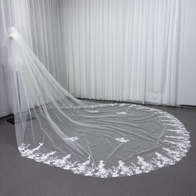 フランス風 ロングベール 美しい花レース ハンドメイド ソフトチュール