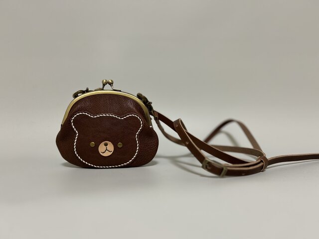 ⭐ハンドメイド⭐ あみぐるみ くまちゃん斜めがけポシェット がま口ミニバック 姫路レザーminiがま口ポシェット◇焦げ茶 くまちゃんポシェット