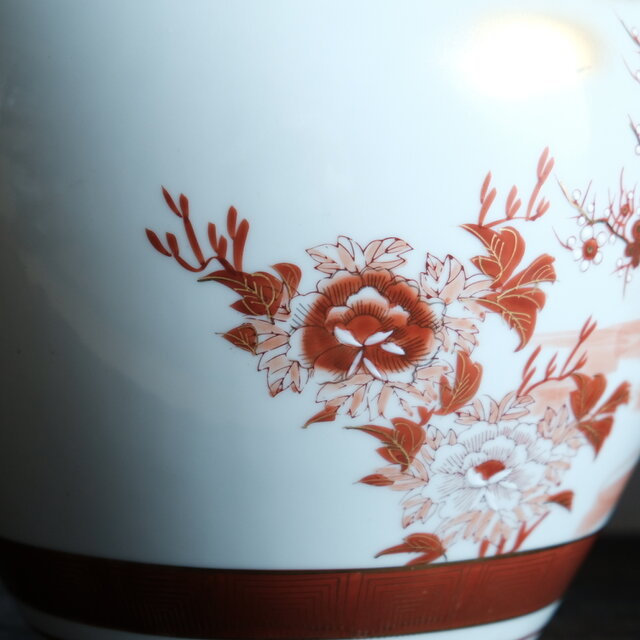 特価4400円→2200】2匹の水鳥◇梅と芍薬。九谷焼 赤絵金彩花瓶 壺