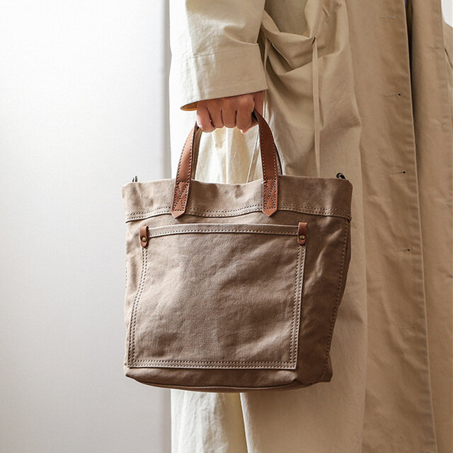 帆布×牛革 2WAYトートバッグ 撥水加工 シンプル 定番 ショルダー付き 