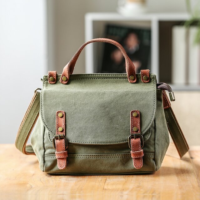 レトロデザイン ショルダーバッグ 帆布×本革 2WAY 多収納 大容量 撥水 