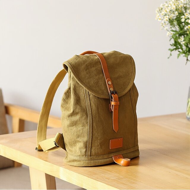 帆布×本革 リュック 背面ポケット付き 撥水 バックパック マザーズ