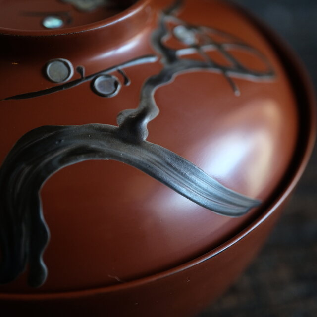 ブラウンに螺鈿細工の梅◇時代物 漆芸蓋付椀 古漆器 骨董・antiques