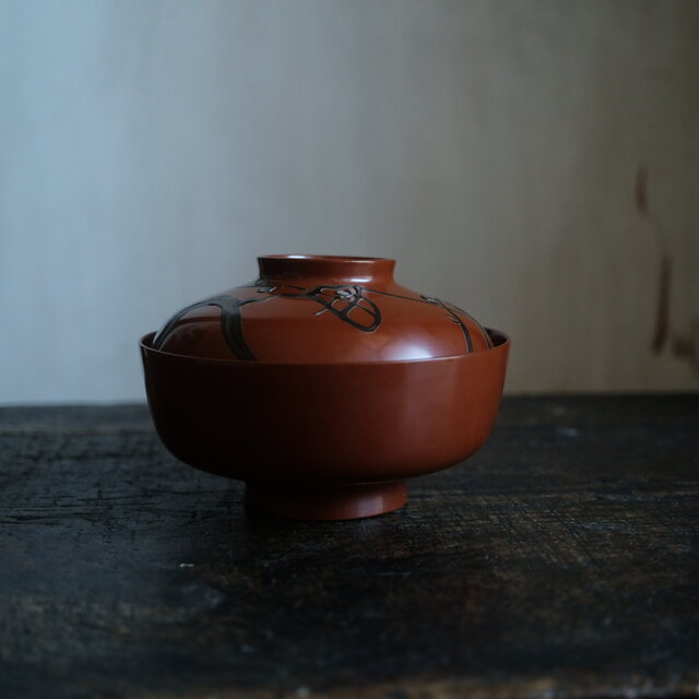 ブラウンに螺鈿細工の梅◇時代物 漆芸蓋付椀 古漆器 骨董・antiques