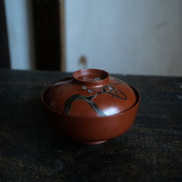 ブラウンに螺鈿細工の梅◇時代物 漆芸蓋付椀 古漆器 骨董・antiques
