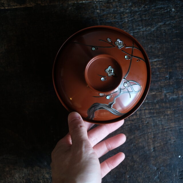 ブラウンに螺鈿細工の梅◇時代物 漆芸蓋付椀 古漆器 骨董・antiques