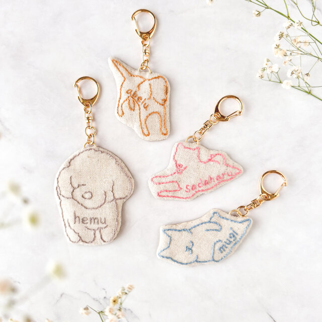 オーダーメイド】名前入り うちの子線画刺繍キーホルダー／バッグ
