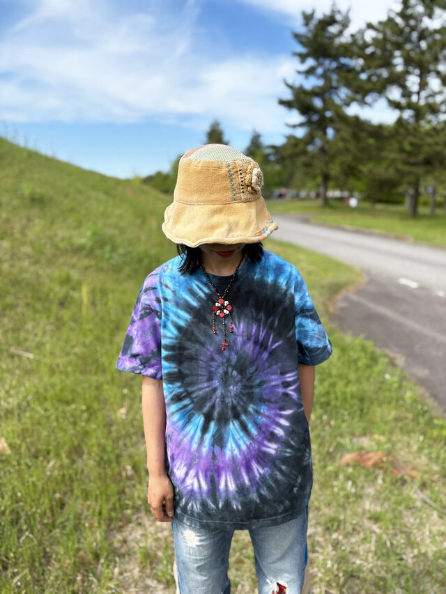 タイダイ Tシャツ Lサイズ パープル×ブラック スパイラル Hippies Dye