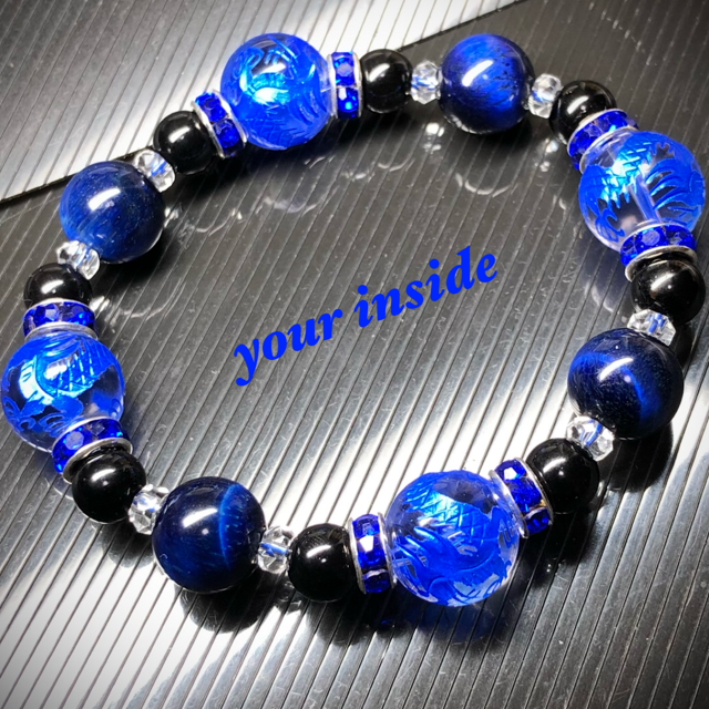 ブルー 龍彫り ボタンカット 水晶 ブルーカラータイガーアイ 天然石