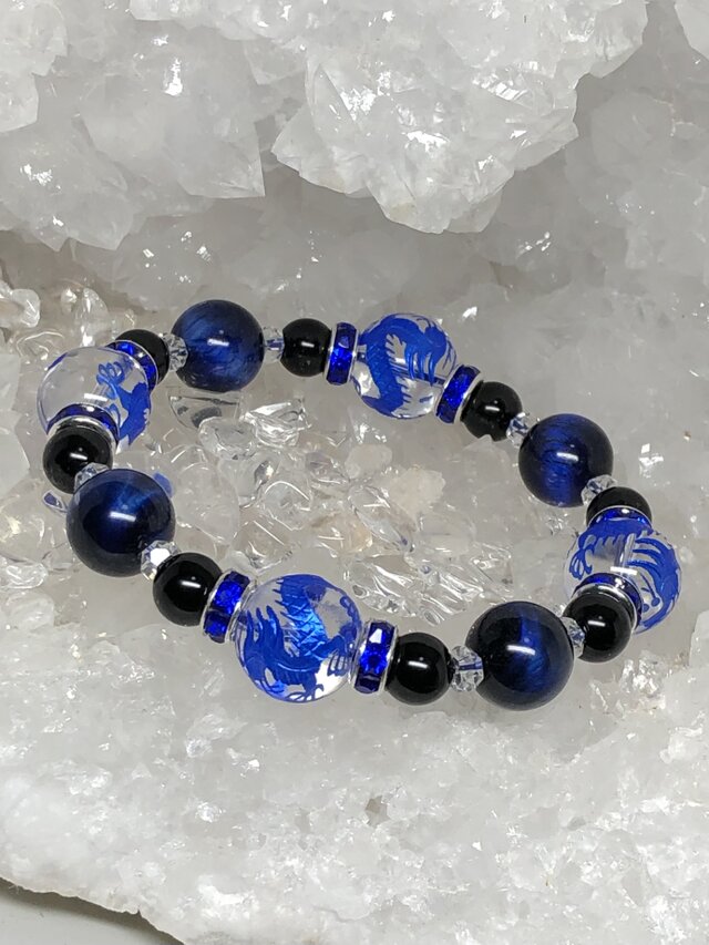 ブルー 龍彫り ボタンカット 水晶 ブルーカラータイガーアイ 天然石