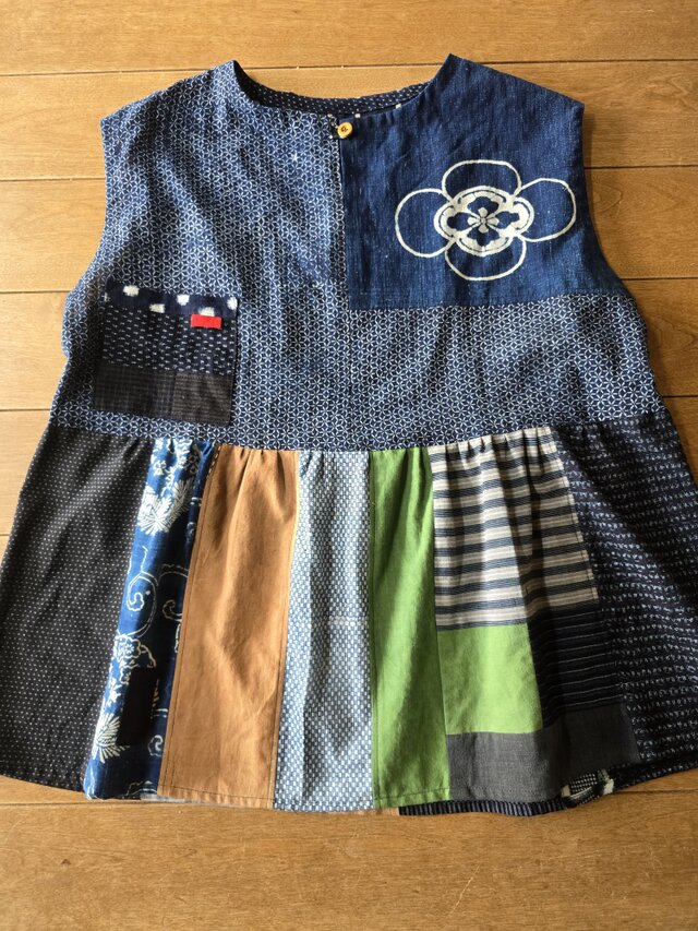 着物リメイク 絣など木綿のパッチワークAラインチュニックワンピース
