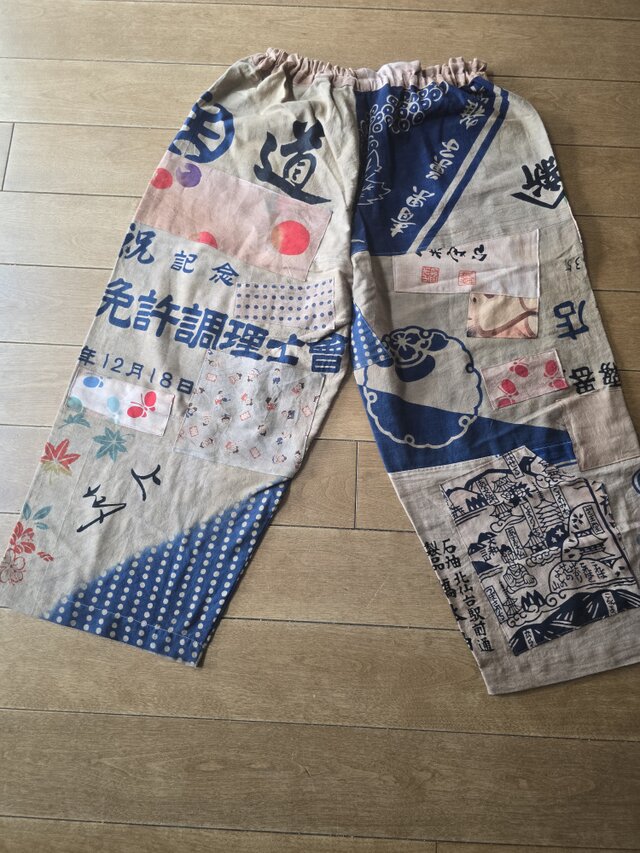 着物リメイク 柿渋染め てぬぐい パッチワークパンツ メンズも着れます