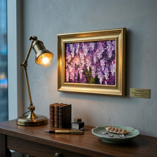 油絵 原画【藤の花】｜春を彩る紫の情景｜風景画 インテリア ミニ絵画