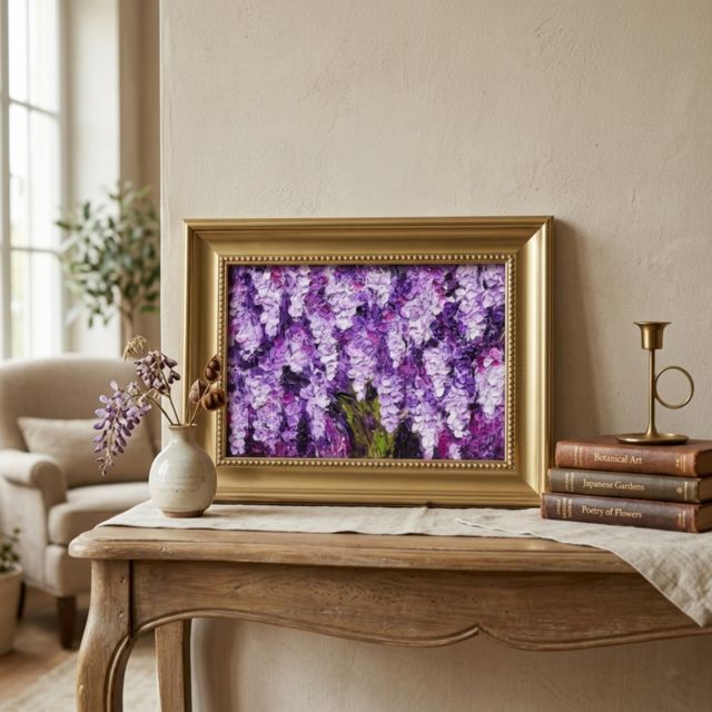 油絵 原画【藤の花】｜春を彩る紫の情景｜風景画 インテリア ミニ絵画