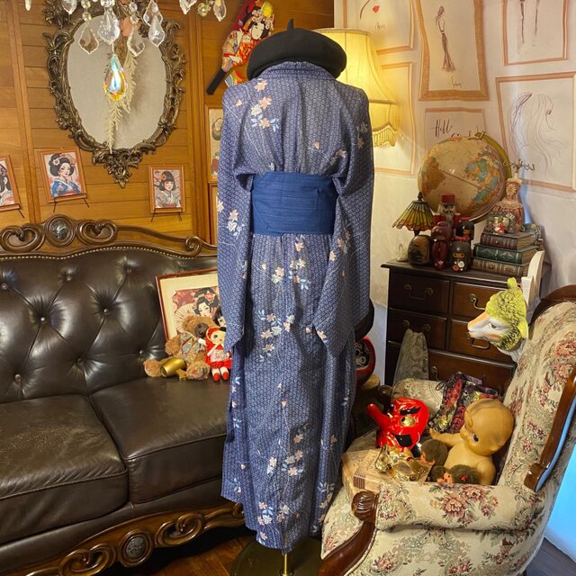 夏着物リメイク ロング ワンピース／ドレス／洗える化繊 帯サッシュ