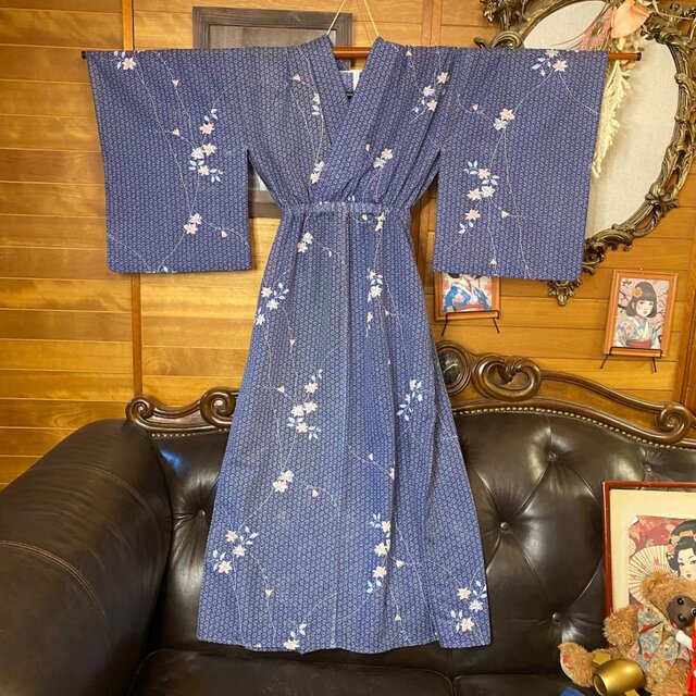 夏着物リメイク ロング ワンピース／ドレス／洗える化繊 帯サッシュ