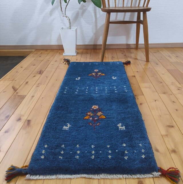 ペルシャ ギャッベ ミニランナー マット ラグ 114x45cm 青色 花