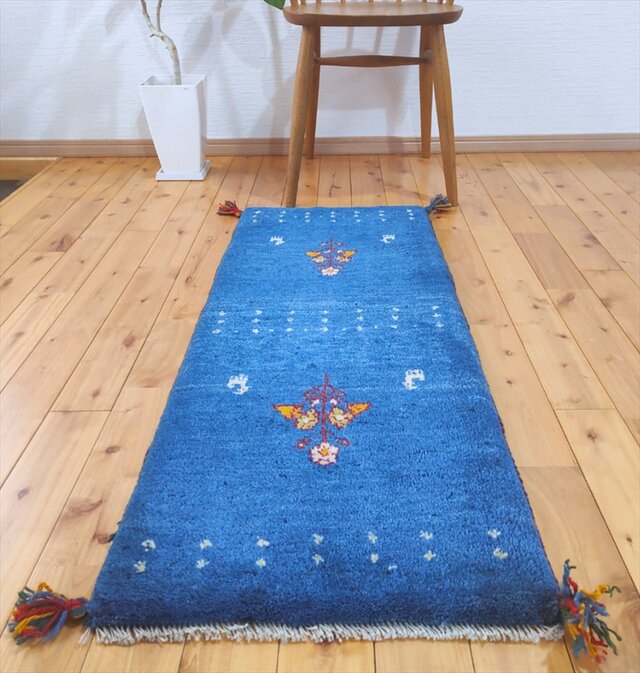 ペルシャ ギャッベ ミニランナー マット ラグ 114x45cm 青色 花