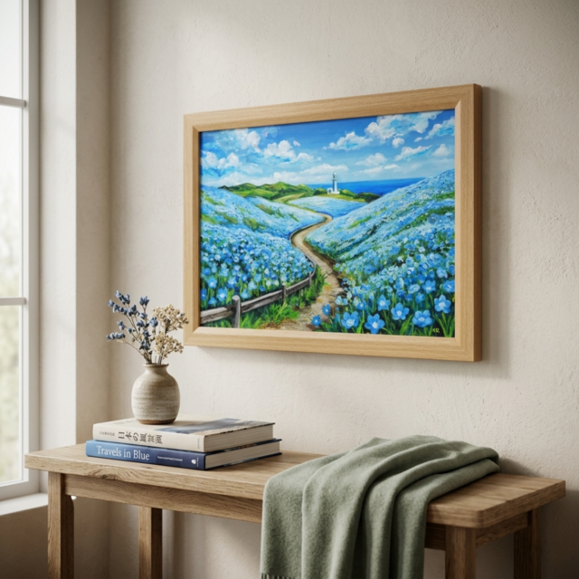 油絵 絵画 原画【奇跡の青に染まる岬】海 風景画 ネモフィラ 灯台 春