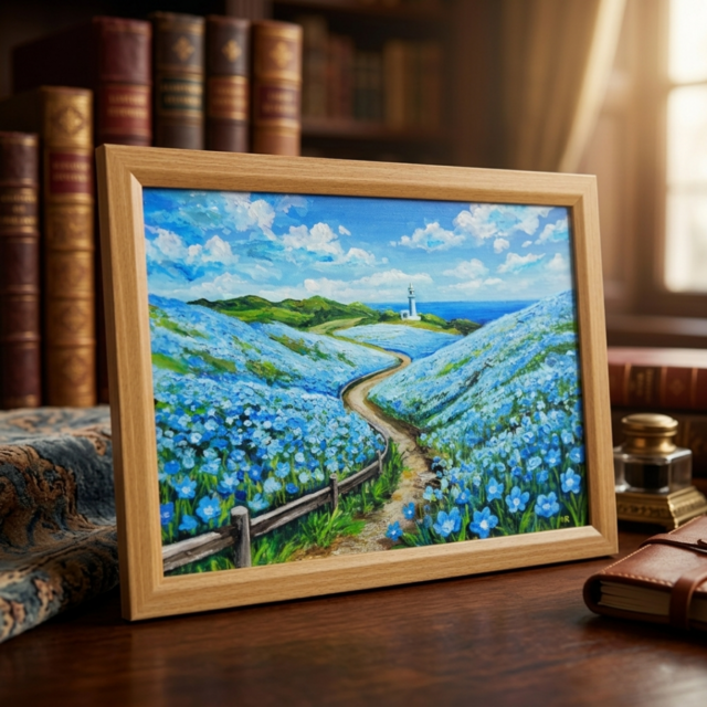油絵 絵画 原画【奇跡の青に染まる岬】海 風景画 ネモフィラ 灯台 春