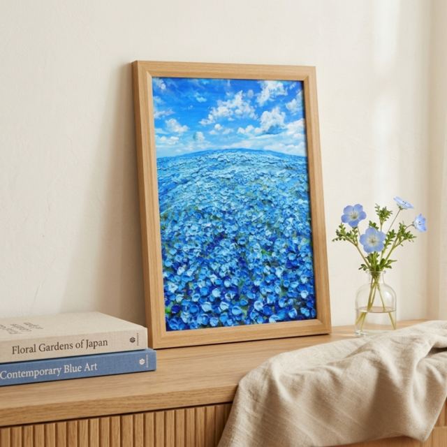 油絵 原画【青の楽園】ネモフィラ 春の風景画 絵画 インテリアアート