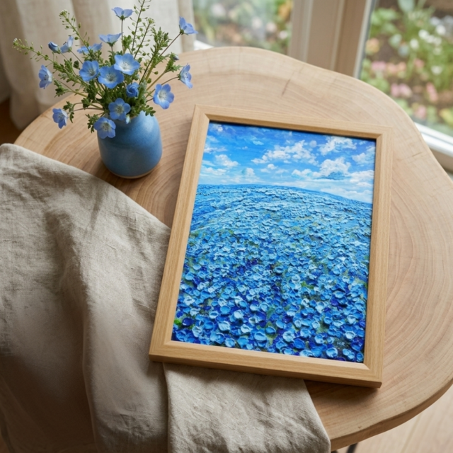 油絵 原画【青の楽園】ネモフィラ 春の風景画 絵画 インテリアアート