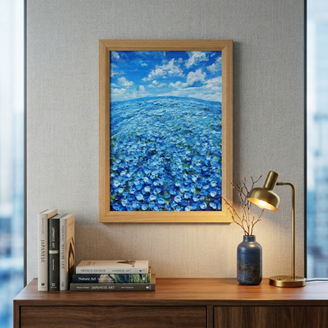 油絵 原画【青の楽園】ネモフィラ 春の風景画 絵画 インテリアアート
