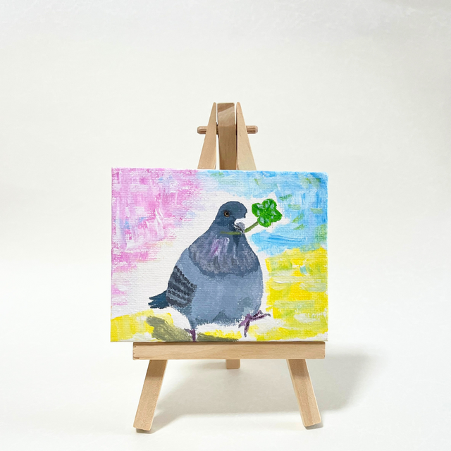 小さな幸せ宅配便」 鳩と四葉のクローバー ミニキャンバス原画 | iichi