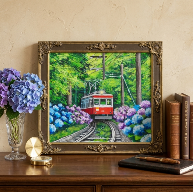 原画】初夏の特等席〜紫陽花の咲く線路沿い〜 油絵 絵画 アジサイ 鉄道