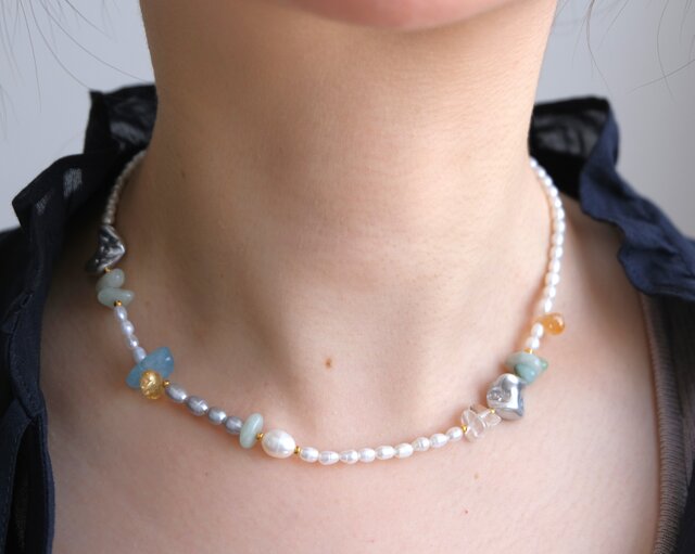 【Ruby】インプレッションストーン×淡水パールのデザインネックレス kuldi og hlýja necklace 淡水バロックパール 天然石ネックレス 翡翠