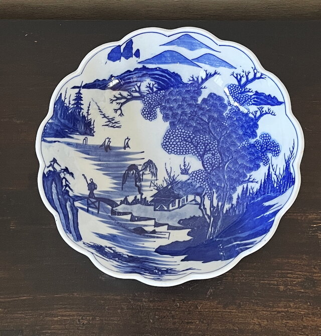【印判】江戸東都景色絵の鉢 染め付け印判 輪花深鉢 大鉢 yk304 | iichi 日々の暮らしを心地よく