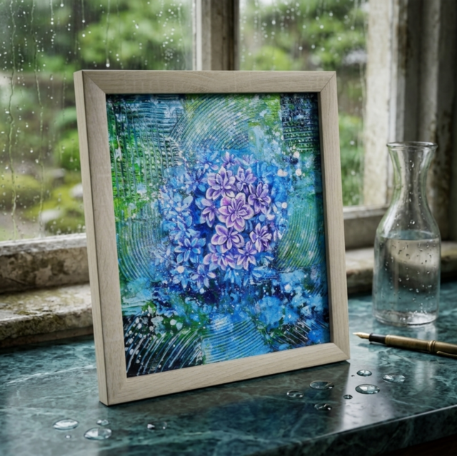 油彩画 原画『万華鏡のなかの雨音』あじさいの絵 額付き｜初夏の