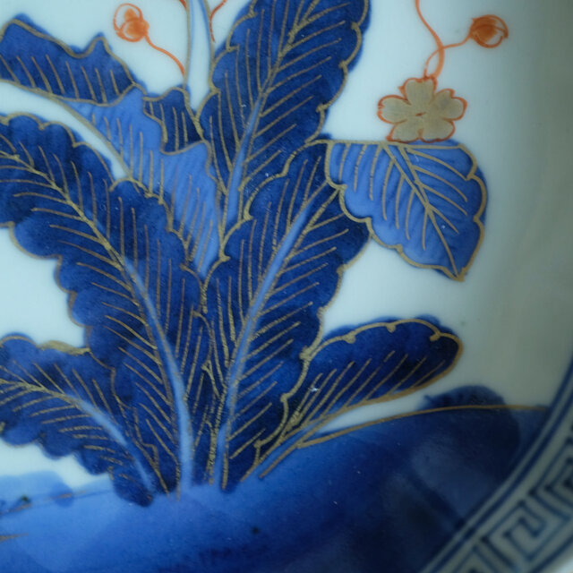 古伊万里　輪花縁　染付　皿　６客　鳳凰　草花　蝶　藍色 花と蝶々◇青で素敵。伊万里 花蝶文染錦七寸中皿 骨董・antiques 古