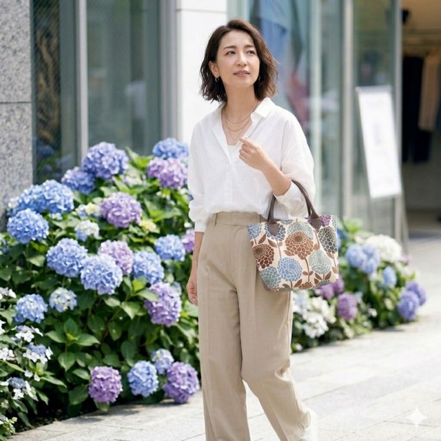 限定品】大人のための紫陽花柄・本革ハンドルのキャンバストートバッグ