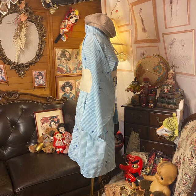 夏着物リメイク ミニミディ ワンピース／ドレス／洗える化繊 帯 爽やか