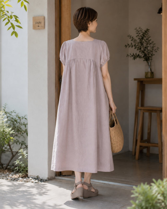 くすみピンクのリネンギャザーワンピース | iichi 日々の暮らしを