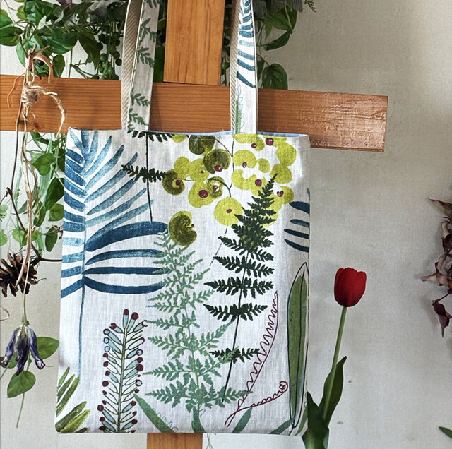 1点物フランス生地2way A4対応 風にそよぐ植物 実 GREEN トートバッグ