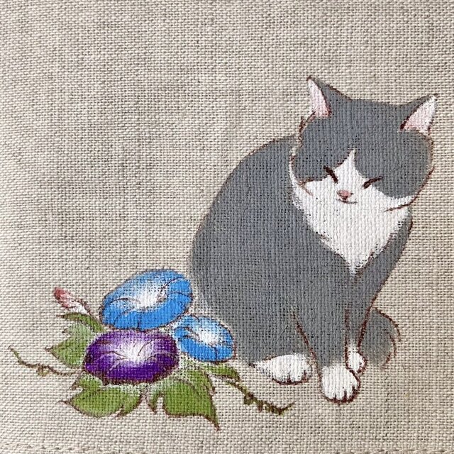 受注制作『朝顔猫』手描きコットンリネン巾着 ベージュエクリュ グレー