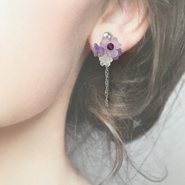 フラワー ブーケ イヤリング パープル パステルカラー 花 紫 紫陽花